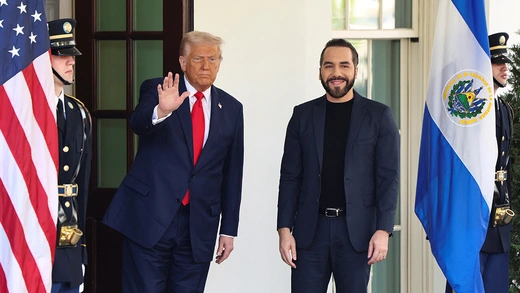 U.S. President Donald Trump welcomes El Salvador's President Nayib Bukele at the White House in Washington, D.C., U.S., April 14, 2025.