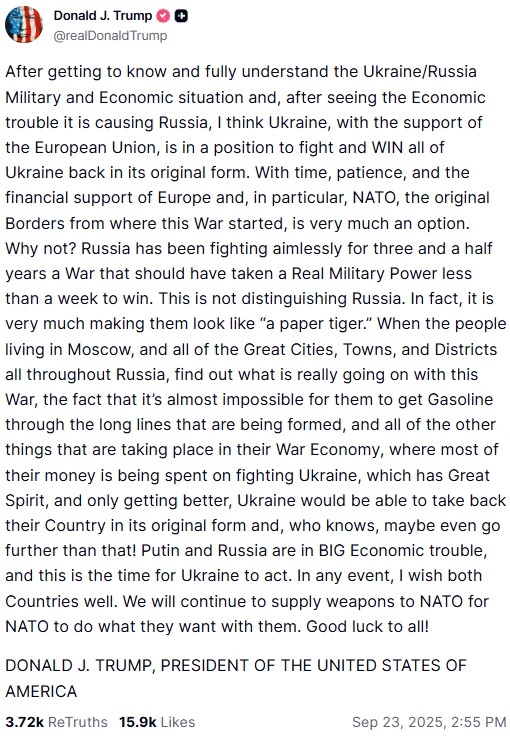 Trump Truth Social on Ukraine-Russia War from September 23, 2025