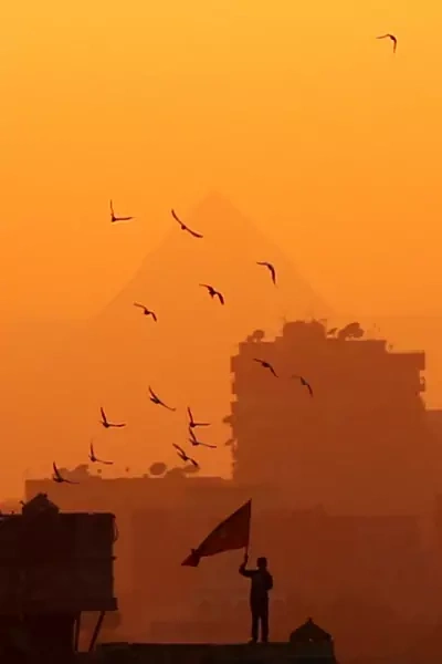 An Egyptian pigeon fancier waves on his pigeons with a flag of Al Ahly Sport Club to guide them as the Great Pyramids are seen during sunset in Cairo, Egypt November 19, 2018. 
