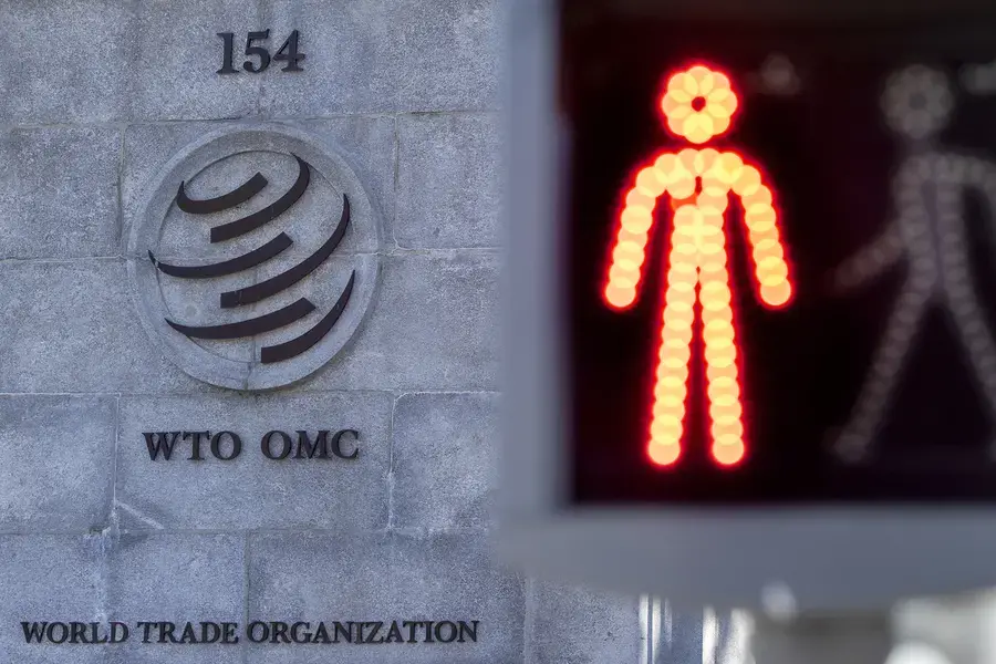 A logo is seen at the World Trade Organization (WTO) headquarters before a news conference in Geneva, Switzerland