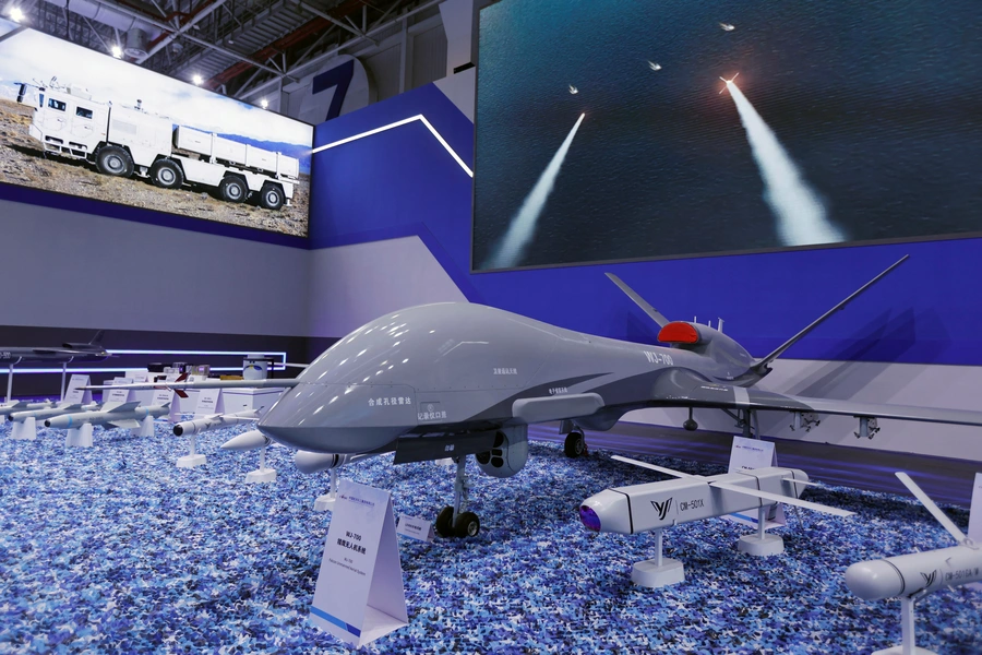 A model of the WJ-700 reconnaissance drone is displayed at the China, International Aviation and Aerospace Exhibition, or Airshow China, in Zhuhai, Guangdong province, China, November 14, 2024. REUTERS/Tingshu Wang