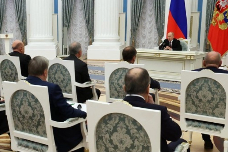 Russian President Vladimir Putin addresses senior officials after a meeting with U.S. President Donald Trump. Vyacheslav Prokofyev/Pool/Sputnik/Reuters