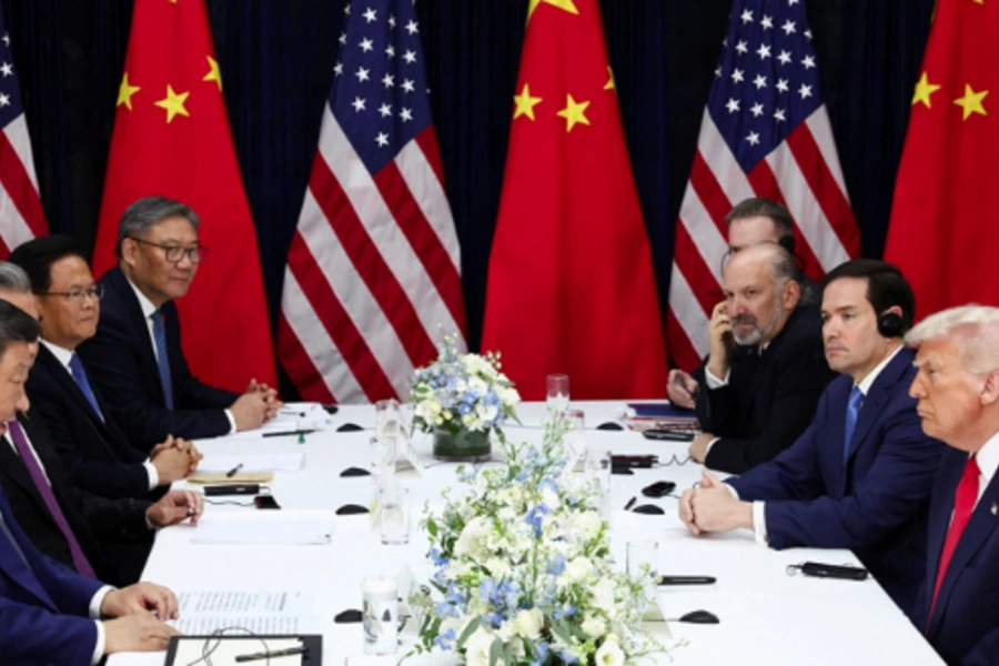 President Donald Trump and other U.S. officials meet with their Chinese counterparts on the sidelines of the APEC summit in Busan, South Korea, October 30, 2025. Evelyn Hockstein/Reuters