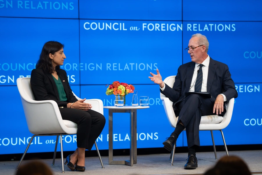 Image of Lina Khan and Michael Froman. 