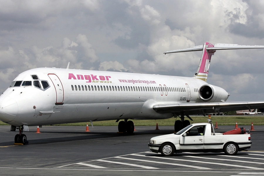Cambodian carrier Angkor Airways is seen at Phnom Penh international airport August 31, 2006. Angkor Airways is a new airline which will fly between Taipei and the western Chinese city of Chengdu, and Siem Reap and Phnom Penh. REUTERS/Chor Sokunthea