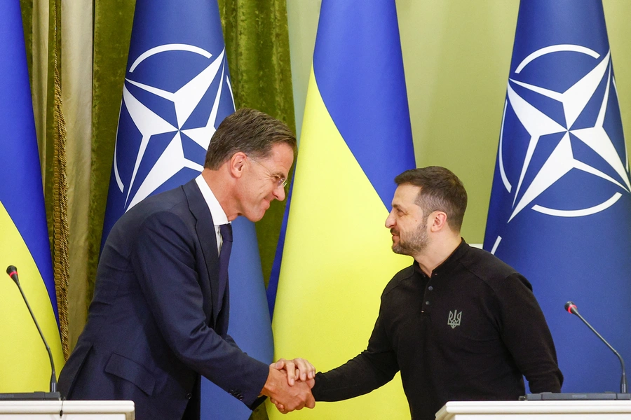 Ukrainian President Volodymyr Zelenskyy and NATO Secretary General Mark Rutte shake hands during a press conference in Kyiv, Ukraine. Valentyn Ogirenko/Reuters
