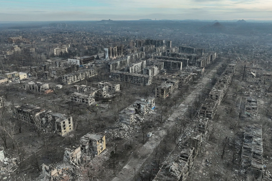 A drone image shows residential and administrative buildings destroyed by Russian air strikes in Toretsk, Ukraine. (Ukraine Patrol Police Department/Reuters)
