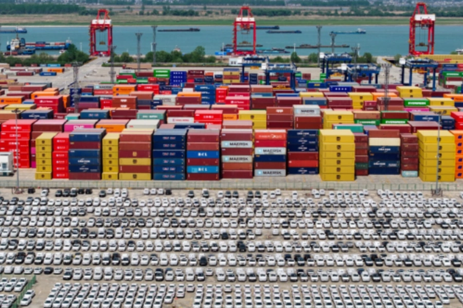 Chinese cars are parked at China’s Port of Nanjing as they wait to be exported, April 16, 2025. STR/AFP/Getty Images