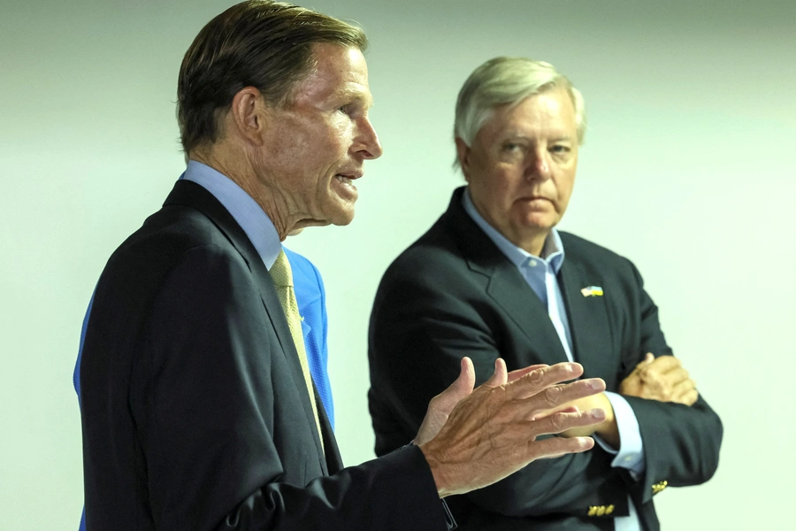 U.S. Senators Lindsey Graham (R-SC) and Richard Blumenthal (D-CT) attend a joint news briefing in Kyiv, Ukraine. Gleb Garanich/Reuters