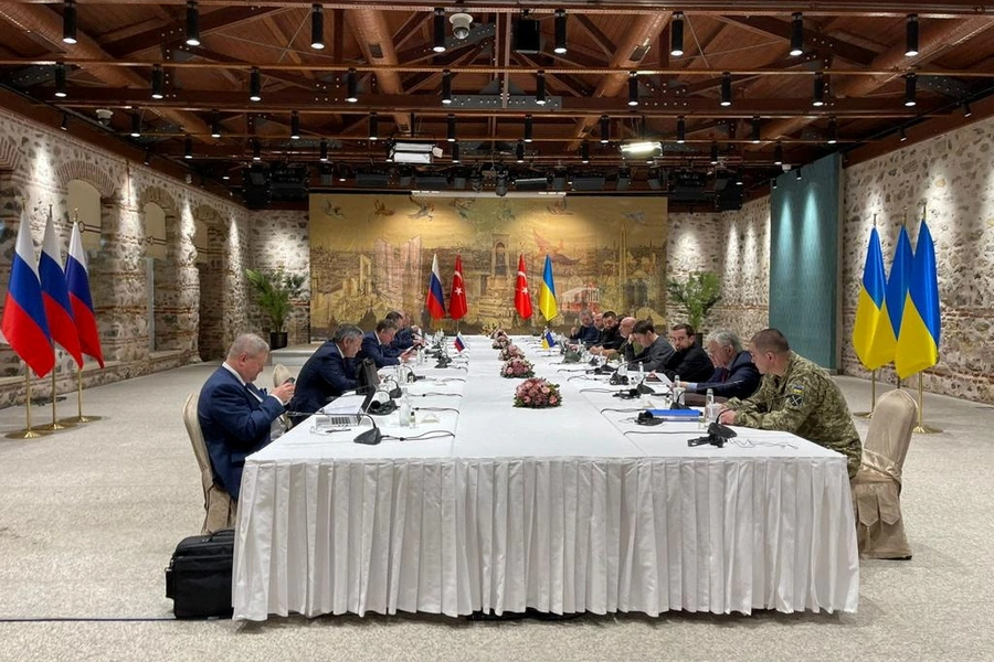 Members of the Ukrainian delegation attend the talks with Russian negotiators in Istanbul, Turkey, March 29, 2022. Ukrainian Presidential Press Service/Reuters