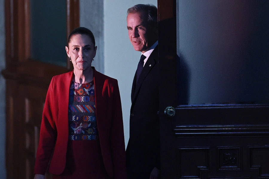 Prime Minister of Canada Mark Carney and President of Mexico Claudia Sheinbaum walk to a press conference at Palacio Nacional on September 18, 2025 in Mexico City, Mexico. Manuel Velasquez/Getty Images
