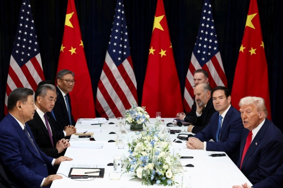 President Donald Trump and other U.S. officials meet with their Chinese counterparts on the sidelines of the APEC summit in Busan, South Korea, October 30, 2025. Evelyn Hockstein/Reuters