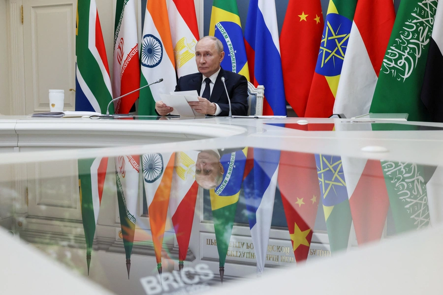 Russian President Vladimir Putin takes part in the BRICS Summit held in Rio de Janeiro, Brazil, via videolink, July 6, 2025. Mikhail Metzel/Sputnik/Reuters