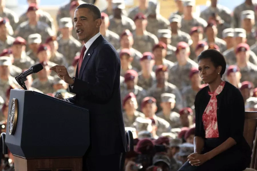 President Barack Obama speaks to troops at Fort Bragg in North Carolina on December 14, 2011. (Kevin Lamarque/courtesy Reuters)