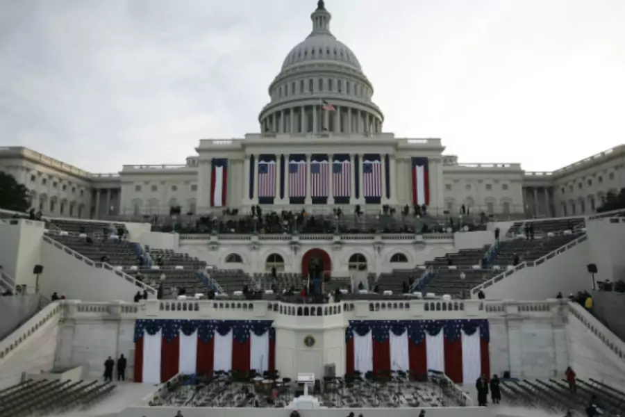 Workers make final preparations for Barack Obama's inaugural address in 2009 (Jason Reed/courtesy Reuters).