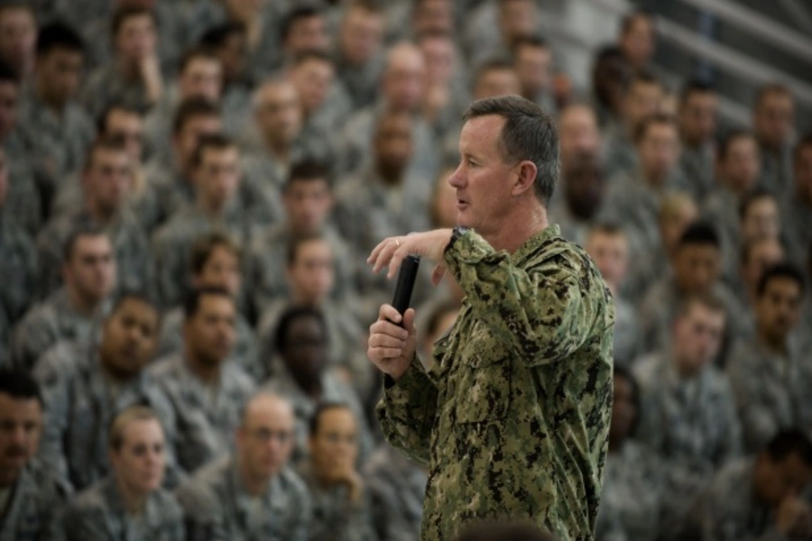 U.S. Navy Admiral William McRaven, commander of the U.S. Special Operations Command, answers a question during an all-call at Hurlburt Field, Florida, on January 31, 2012.