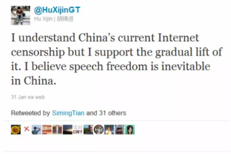 Hu Xijin's Tweet on January 31, 2012. (Hu Xijin/Courtesy Twitter)