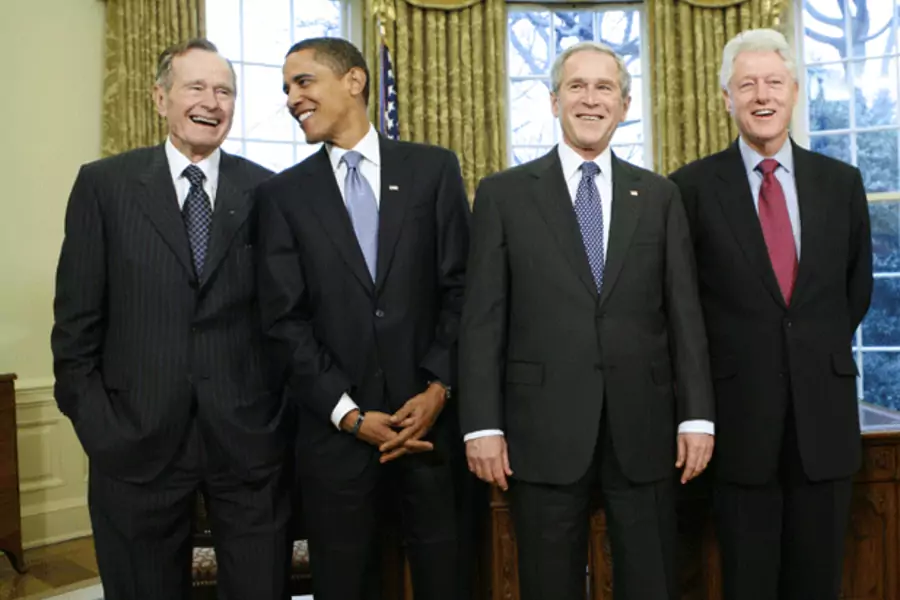President George W. Bush meets with former Presidents and President-elect Obama in the Oval Office of the White House in Washington, January 2009. (Kevin Lamarque/courtesy Reuters)