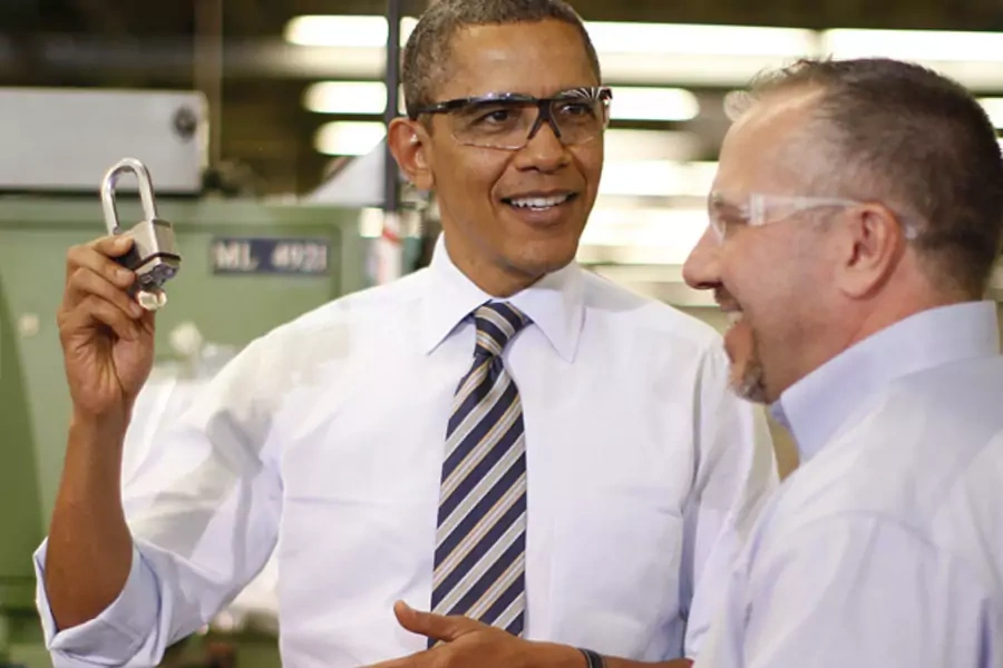 President Obama at the Master Lock plant in Milwaukee on February 15, 2012 (Jason Reed/Courtesy Reuters).