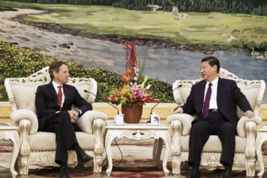 U.S. Treasury Secretary Geithner meets with Chinese Vice President Xi at the Great Hall of the People in Beijing. (Andy Wong/courtesy Reuters)