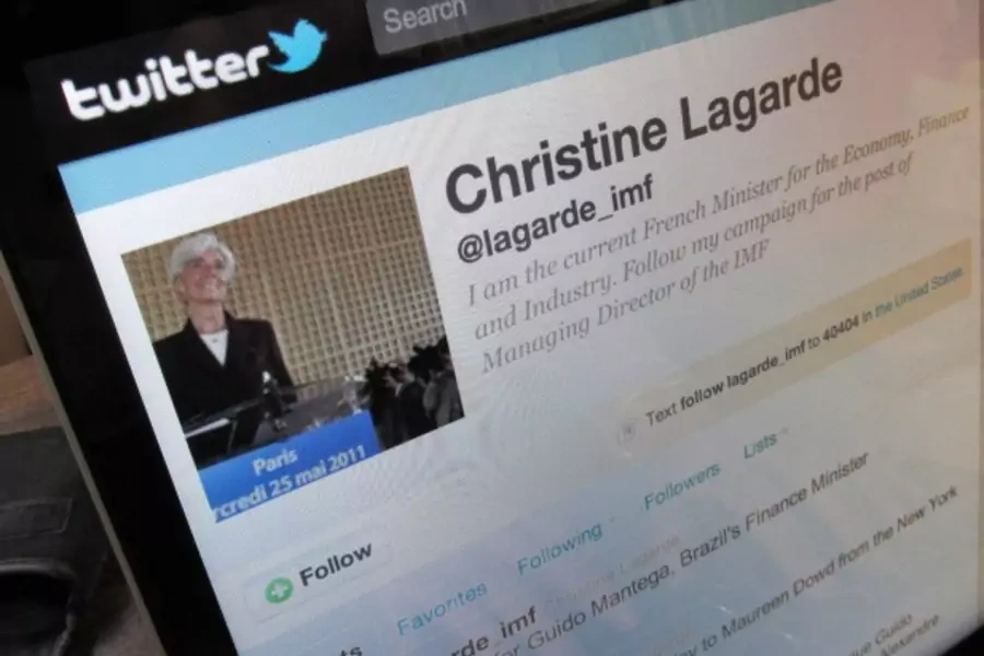 The twitter page of France's Christine Lagarde on a computer screen in Paris (Courtesy Reuters/Mal Langsdon).