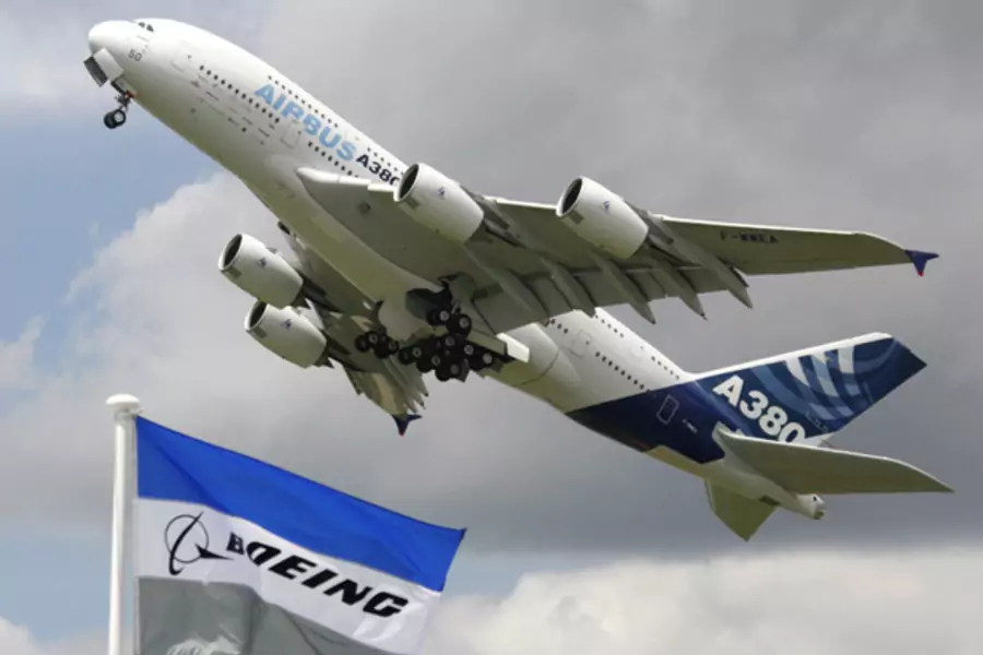 An Airbus A380 takes off for a flying display at an air show in Paris (Pascal Rossignoal/courtesy Reuters).