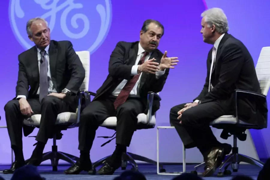 GE Chairman Jeff Immelt; Dow Chemical Chairman and CEO Andrew Liveris; and Boeing Company Chairman, President, and CEO Jim McN...Future of Manufacturing: Growing American Competitiveness" in Washington on February 13, 2012 (Gary Cameron/Courtesy Reuters).