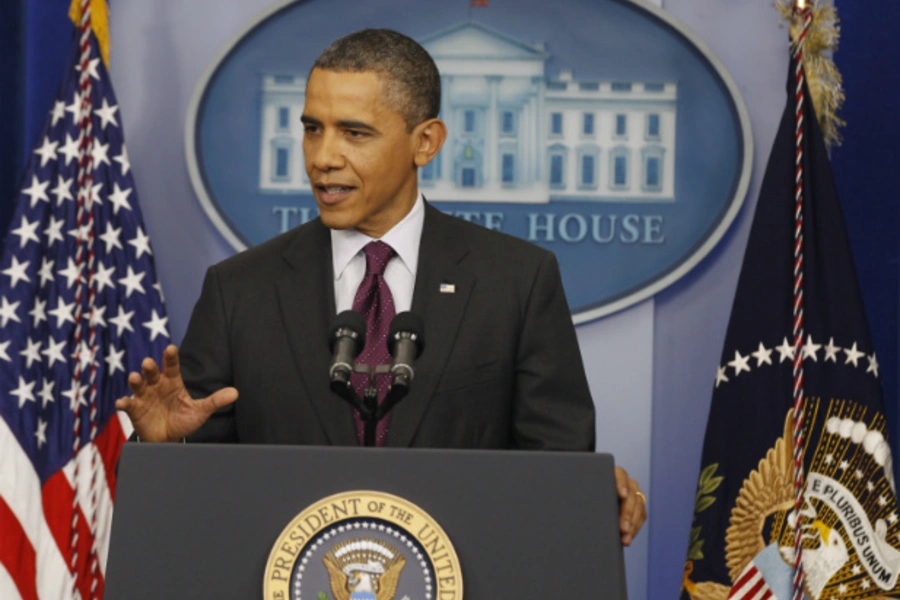 President Barack Obama speaks to reporters on March 6, 2012. During the press conference he criticized his Republican rivals for their rhetoric on Iran. (Larry Downing/courtesy Reuters)