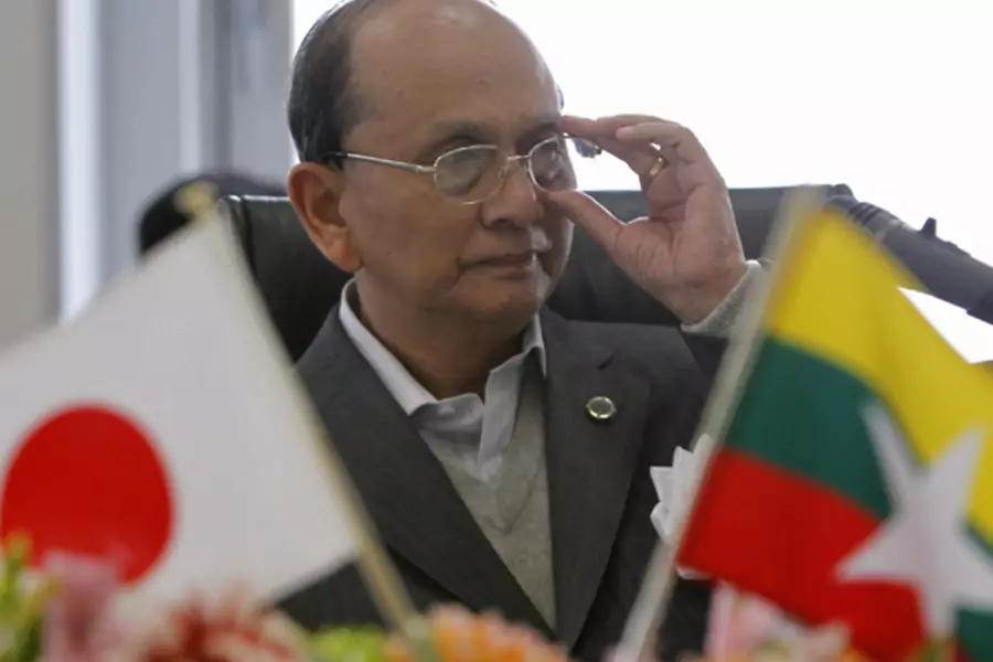 Myanmar's President Thein Sein attends a meeting at Tokyo Electric Power Company's Kawasaki Thermal Power Plant.