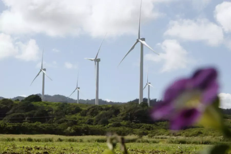 Wind turbines are seen on the northshore of Oahu, Hawaii in November 2011. (Yuriko Nakao/Courtesy Reuters)