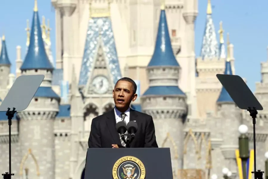 President Obama speaking in front of Cinderella's Castle at Disney World's Magic Kingdom on January 19, 2012 (Kevin Lamarque/Courtesy Reuters).