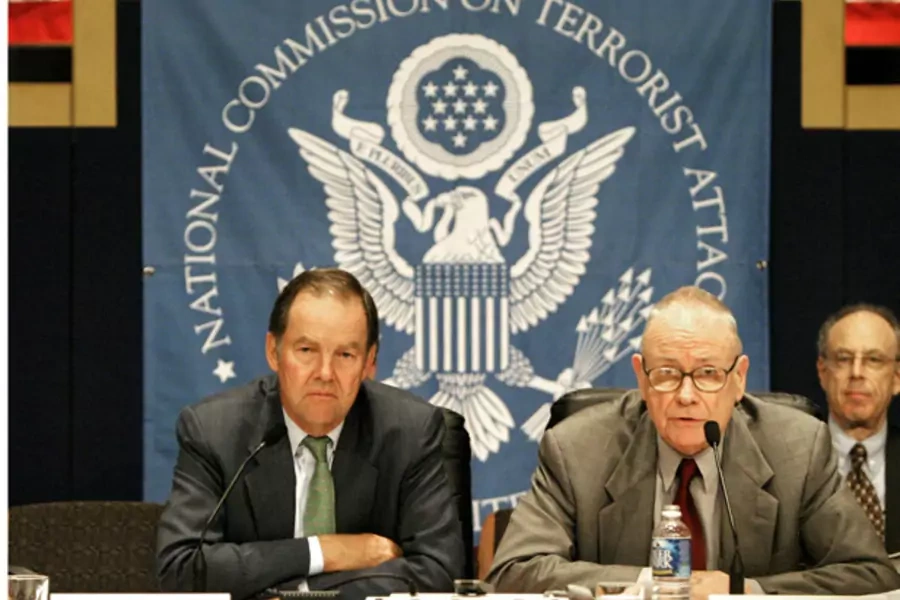 9/11 Commission Chairman Governor Thomas Kean and Vice-Chairman Lee Hamilton at a press conference at the close of the final hearing of the Commission in Washington on June 17, 2004. (Shaun Heasley/Courtesy Reuters)