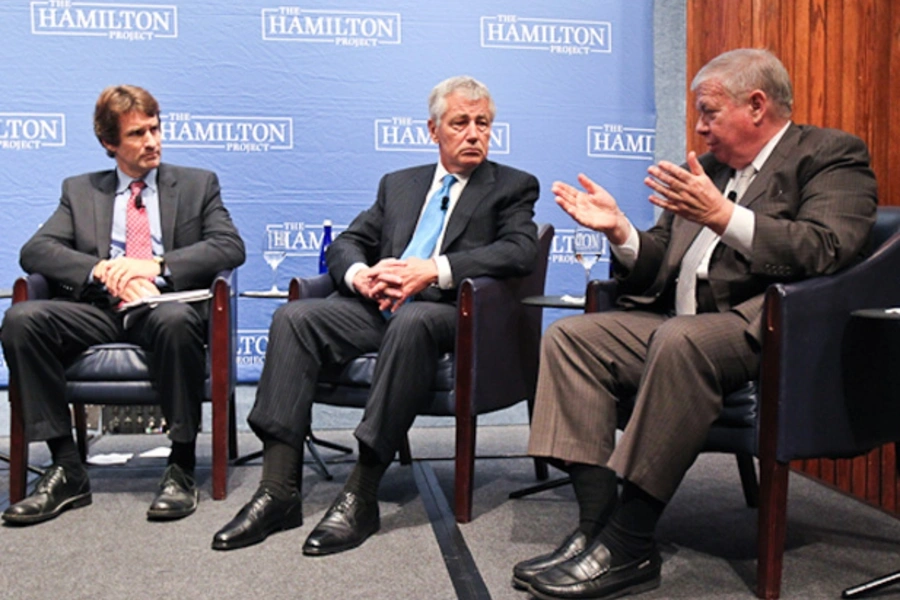 CFR's Edward Alden, former Senator Chuck Hagel, and UNITE HERE President John Wilhelm speak at the Hamilton Project event "U.S...The Border Between Reform and the Economy" at the Brookings Institution on May 15, 2012. (Paul Morigi/Paul Morigi Photography)