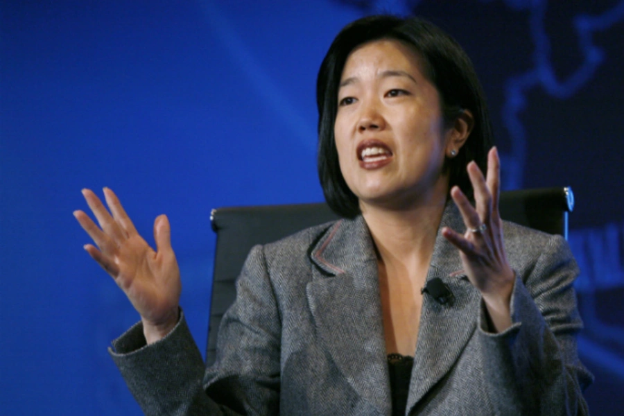 Michelle Rhee, founder and CEO of StudentsFirst and former chancellor of DC public schools, speaks at the "Educated Workforce" session of an economic forum in 2009. (Hyungwon Kang/Courtesy Reuters)