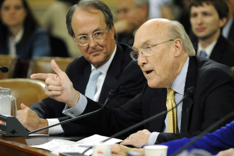 Alan Simpson (R) and Erskine Bowles (L) testify before Congress in November 2011 about their commission's plan to attack long-...udget challenges through tax and entitlement reform, along with discretionary spending cuts (Jonathan Ernst/Courtesy Reuters).