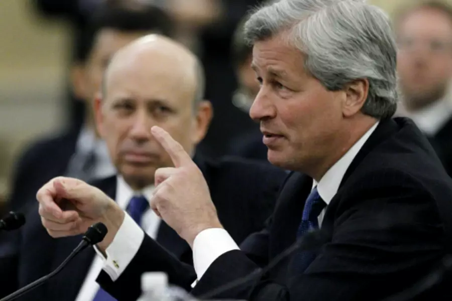 JPMorgan Chase CEO Jamie Dimon testifies before the Congressional Financial Crisis Inquiry Commission, as Goldman Sachs CEO Lloyd Blankfein looks on in January 2010 (Kevin Lamarque/Courtesy Reuters).