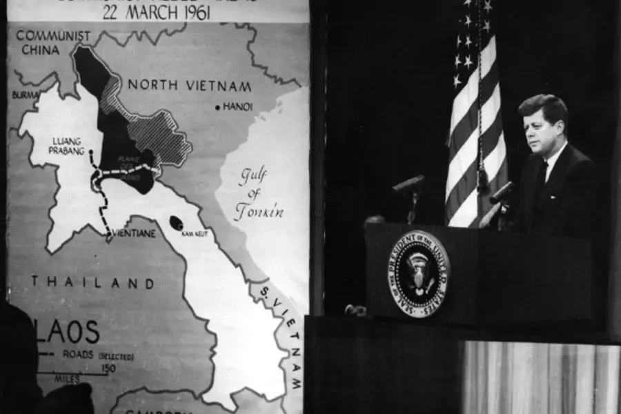 President John F. Kennedy discusses the situation in Southeast Asia at a press conference in 1961. (John F. Kennedy Presidential Library and Museum)