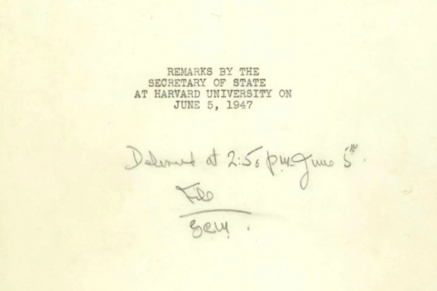 The title page of Secretary of State George C. Marshall's remarks at Harvard University on June 5, 1947. (George C. Marshall Foundation)