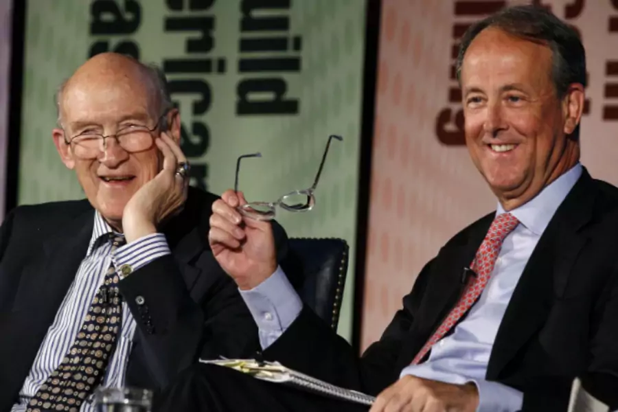 Alan Simpson (L) and Erskine Bowles (R), co-founders of the Campaign to Fix the Debt, speak at the U.S. Chamber of Commerce "Jobs for America Summit 2010" in Washington, July 14, 2010 (Larry Downing/Courtesy Reuters).