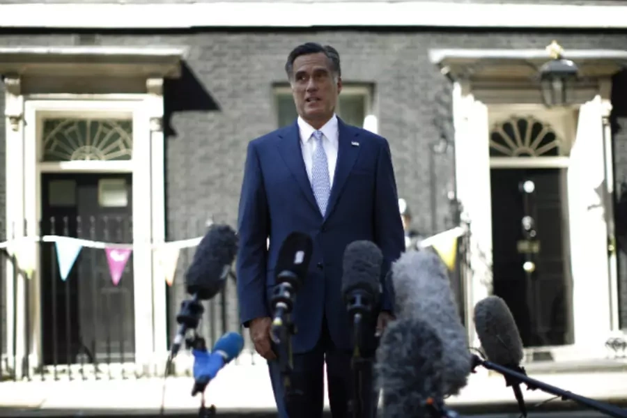 Mitt Romney speaks to the press following a meeting with British prime minister David Cameron and British chancellor of the exchequer George Osborne outside 10 Downing Street in London. (Jason Reed/courtesy Reuters)