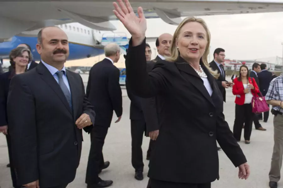 Hillary Clinton arrives in Istanbul in June for a "Friends of Syria" meeting. (Saul Loeb/courtesy Reuters)