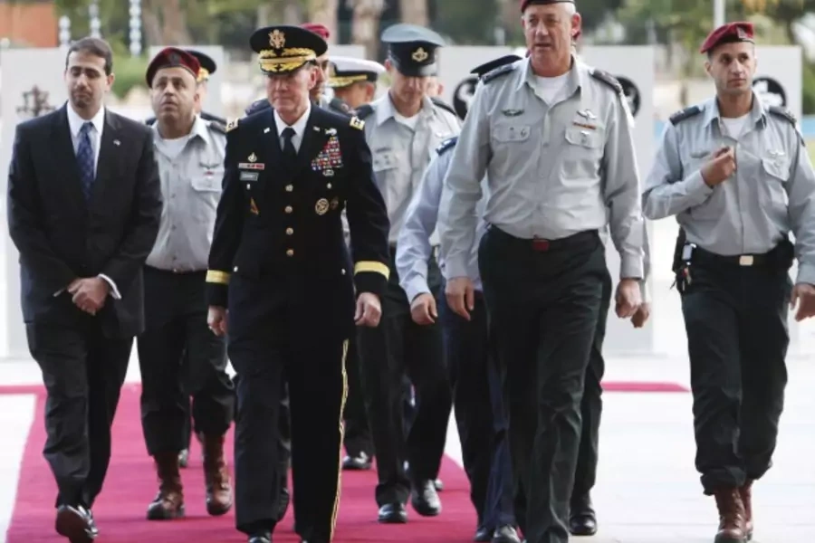 General Dempsey, chairman of the Joint Chiefs of Staff, walks with Major-General Gantz, chief of Israeli armed forces, in Tel Aviv (Amir Cohen/Courtesy Reuters).