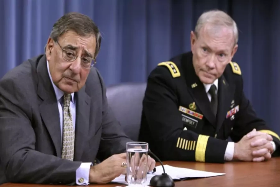 Secretary of Defense Leon Panetta and General Martin Dempsey hold a news conference at the Pentagon on June 29, 2012 (Yuri Gripas/Courtesy Reuters).