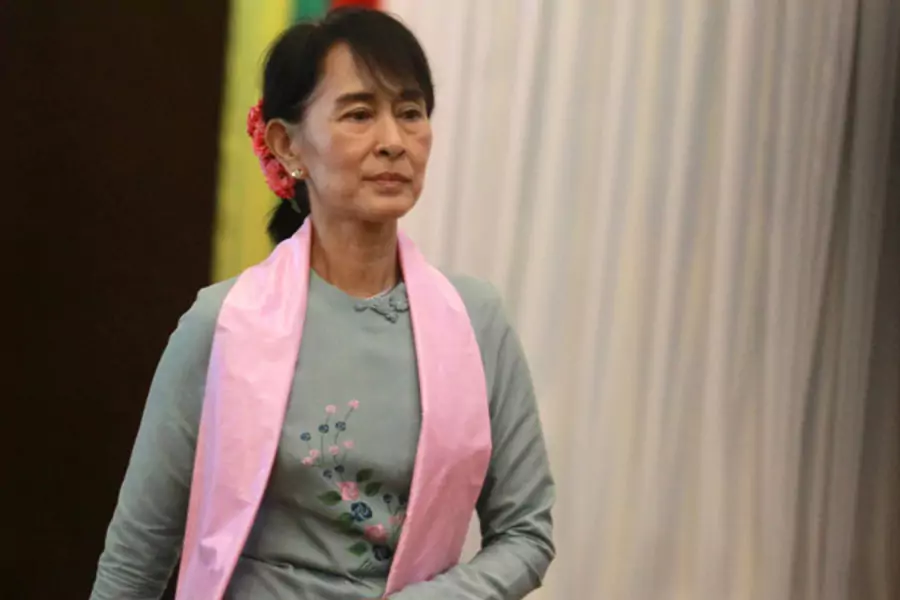 Aung San Suu Kyi, chairman of Rule of Law and Peace and Stability Committee of House, attends a meeting of the committee at Yangon Division Parliament in Yangon.