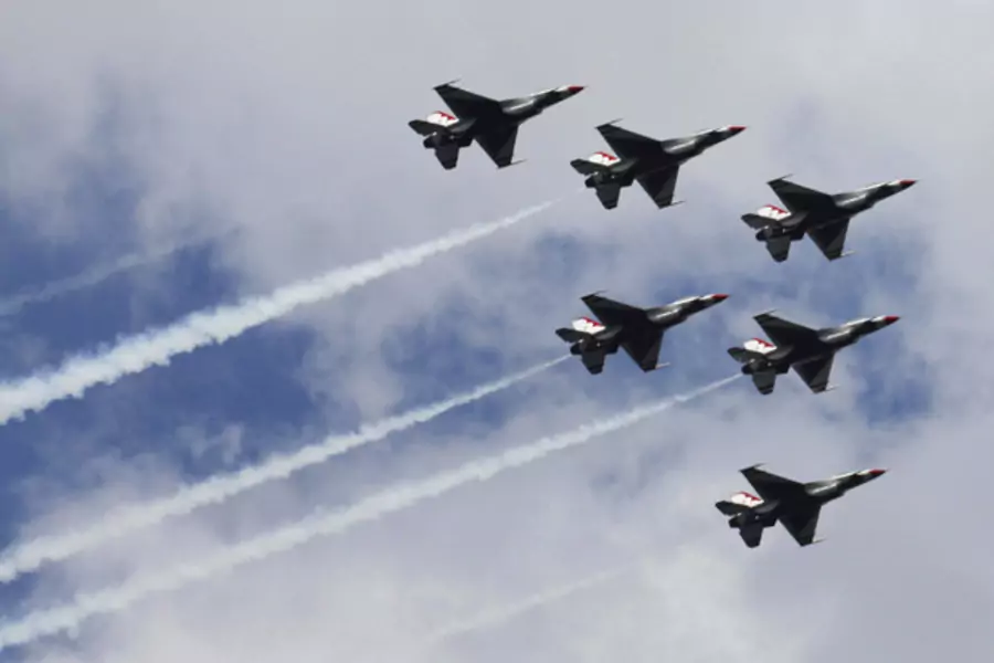 F-16 U.S. Air Force Thunderbirds fly in formation over the Hudson River in New York. (Eduardo Munoz/ courtesy Reuters)