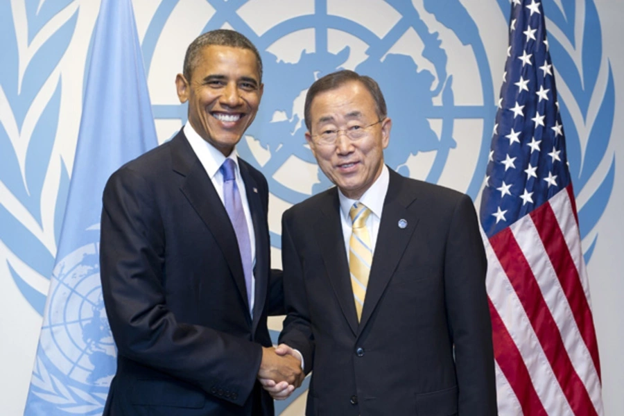 UN secretary-general Ban Ki-moon shakes hands with President Barack Obama at the United Nations in New York. (UN Photo/Mark Garten/ courtesy Reuters)
