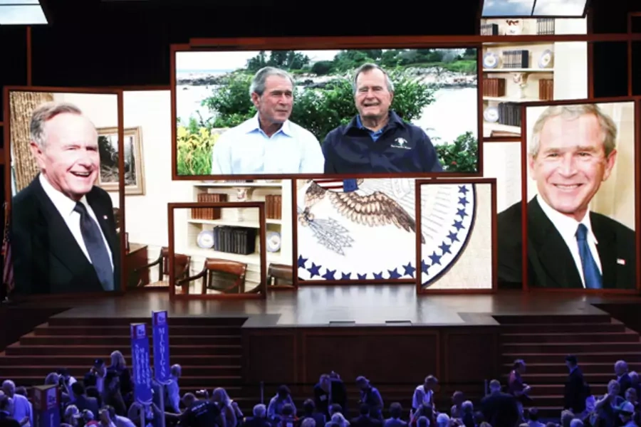 A video tribute at the Republican National Convention in Tampa honors former presidents George H.W. Bush and George W. Bush. (Mike Segar/ courtesy Reuters)