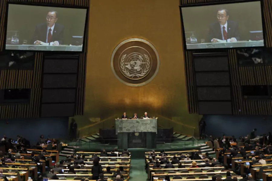 UN secretary general Ban Ki-Moon addresses diplomats during the High-Level meeting of the General Assembly on the rule of law. (Eduardo Munoz/ courtesy Reuters)