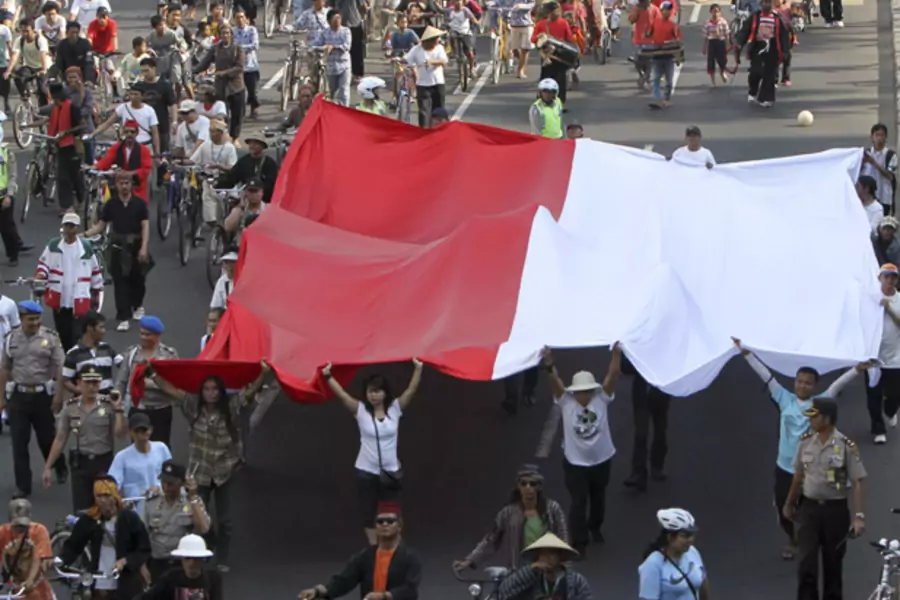 Activists carry an Indonesian flag in Jakarta.