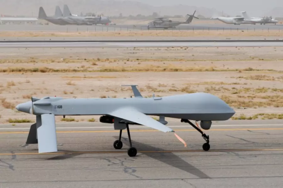 A MQ-1 Predator drone prepares to take off at Kandahar Airfield (Master Sgt. Demetrius Lester/Courtesy U.S. Air Force).